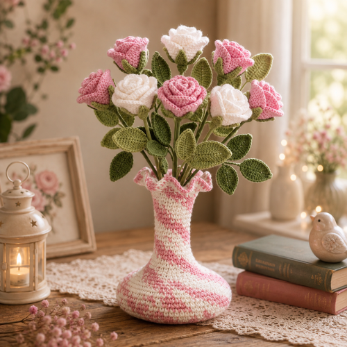 Dusty Pink & White Rose Crochet Vase Pattern (PDF)