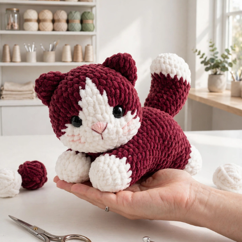Amigurumi Maroon & White Kitten Toy Pattern (PDF)