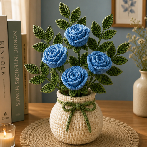 Blue Rose Crochet Vase Pattern PDF