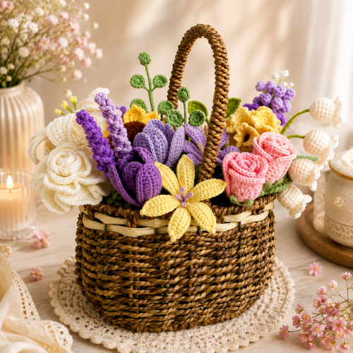 Colorful Crochet Flower Basket Bouquet Pattern (PDF)