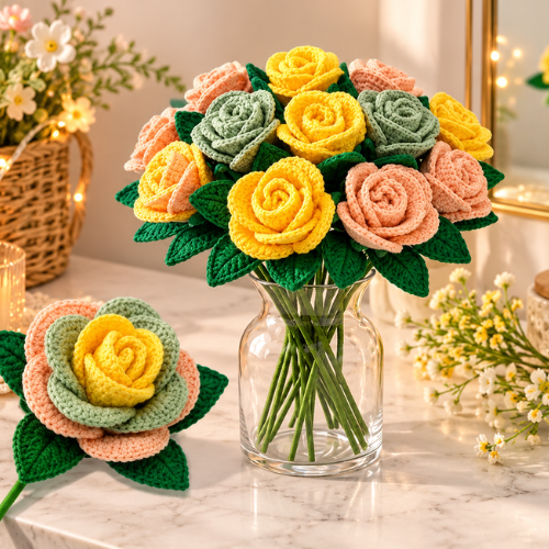 Colorful Rose Crochet Bouquet Pattern (PDF)