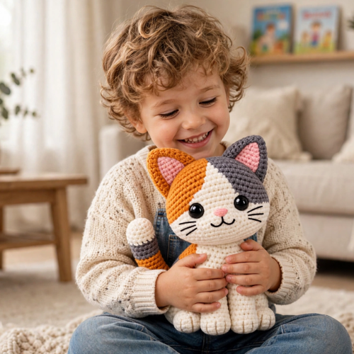 Crochet Pumpkin & Grey Cat Pattern PDF - Handmade Sitting Kitten Design