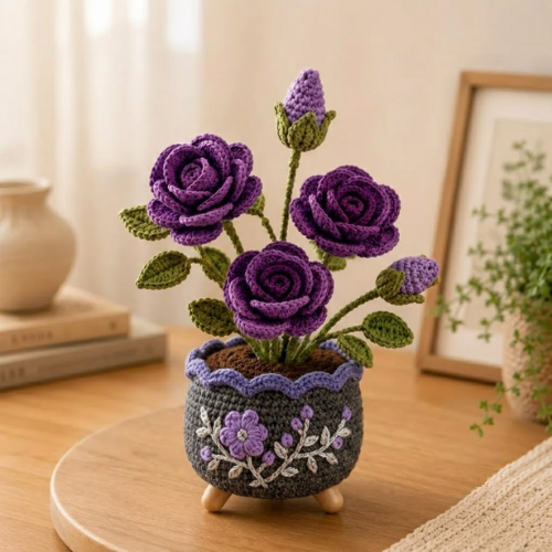 Elegant Rose Flower Pot Crochet Pattern (PDF)