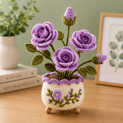 Elegant Rose Flower Pot Crochet Pattern (PDF)