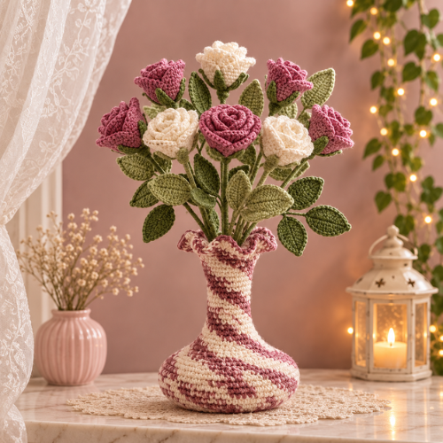 Dusty Pink & White Rose Crochet Vase Pattern (PDF)