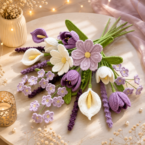 Lavender & White Mixed Flower Crochet Bouquet Pattern (PDF)