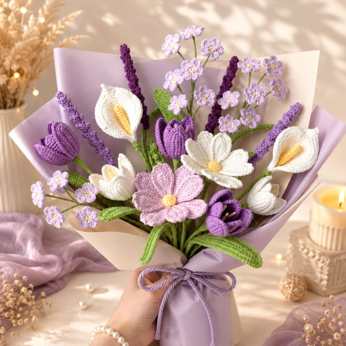 Lavender & White Mixed Flower Crochet Bouquet Pattern (PDF)