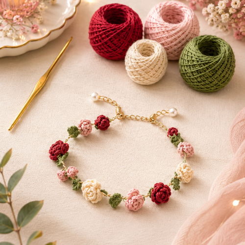 Pink & White Crochet Rose Bracelet Pattern (PDF)