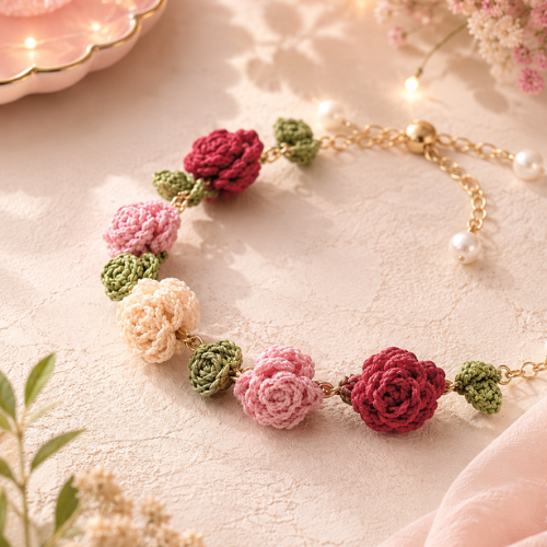 Pink & White Crochet Rose Bracelet Pattern (PDF)