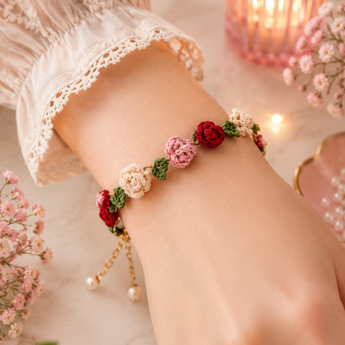 Pink & White Crochet Rose Bracelet Pattern (PDF)