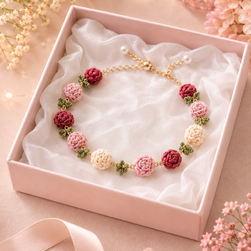 Pink & White Crochet Rose Bracelet Pattern (PDF)