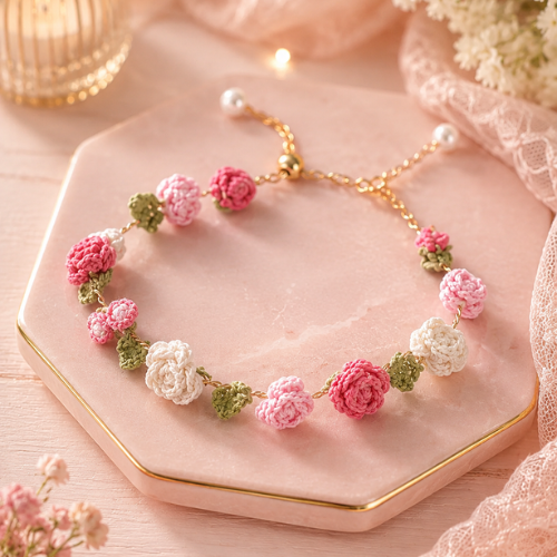 Pink & White Crochet Rose Bracelet Pattern (PDF)