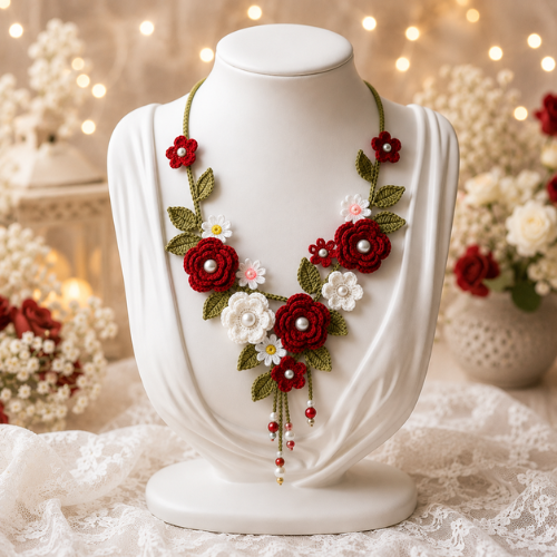 Red & White Crochet Rose Necklace Pattern (PDF)