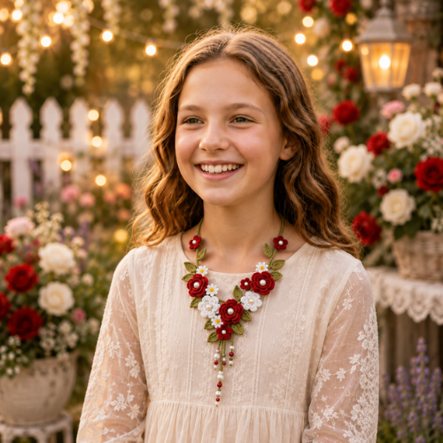 Red & White Crochet Rose Necklace Pattern (PDF)