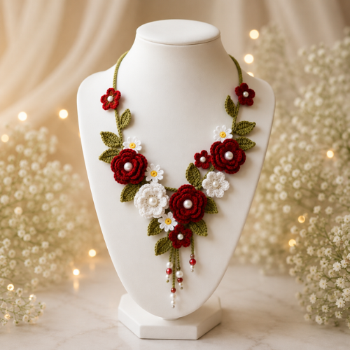 Red & White Crochet Rose Necklace Pattern (PDF)