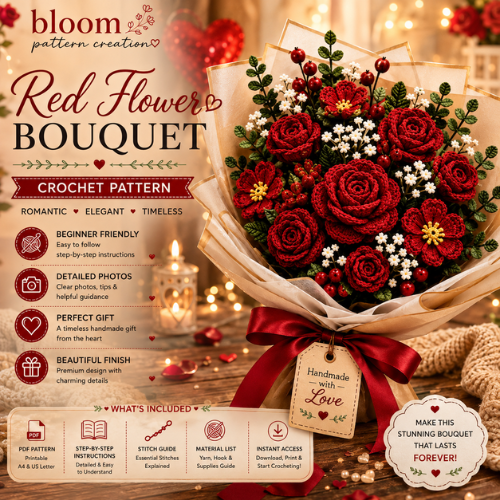 Romantic Red Rose Bouquet Crochet Pattern (PDF)