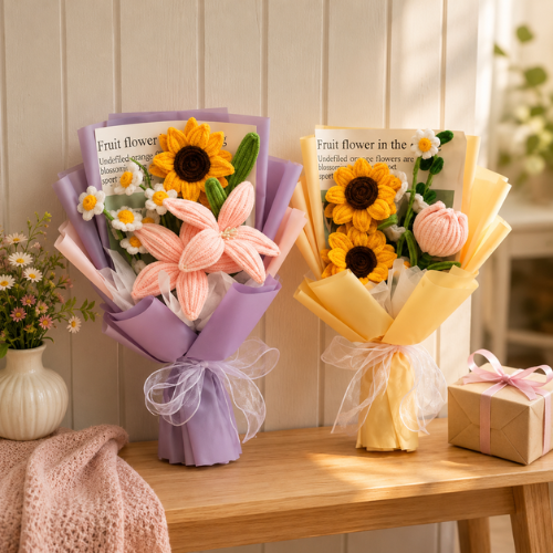 Sunflower & Pink Bloom Crochet Bouquet Pattern (PDF)