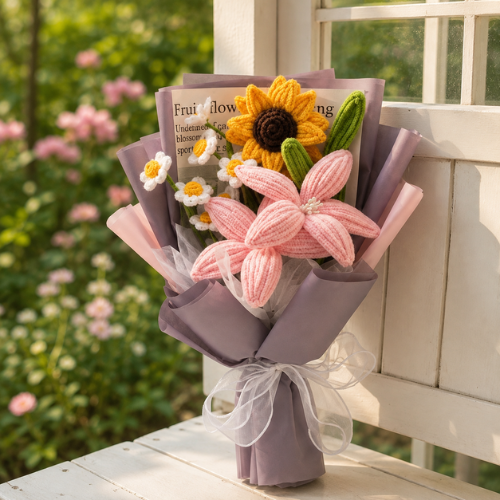 Sunflower & Pink Bloom Crochet Bouquet Pattern (PDF)