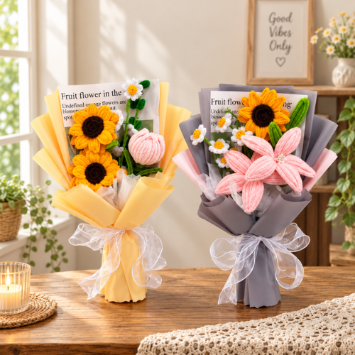 Sunflower & Pink Bloom Crochet Bouquet Pattern (PDF)