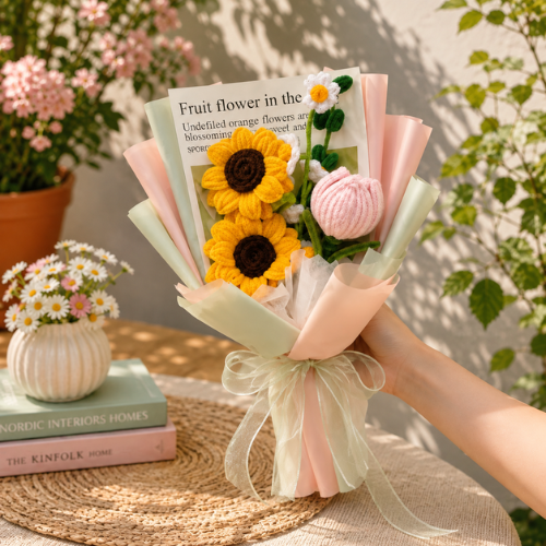 Sunflower & Pink Bloom Crochet Bouquet Pattern (PDF)