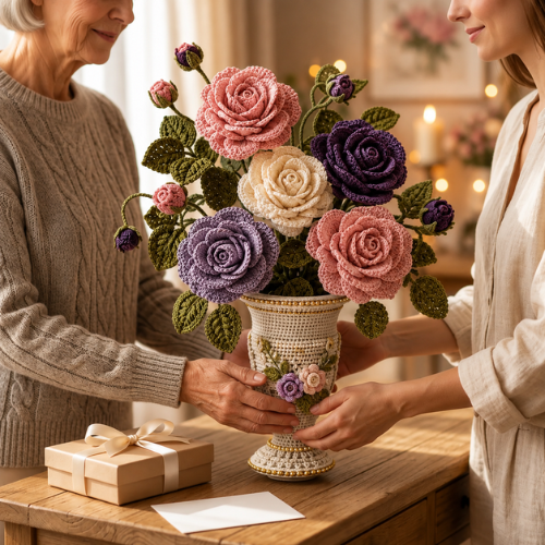 Vintage Rose Crochet Vase Bouquet Pattern (PDF)