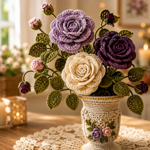 Vintage Rose Crochet Vase Bouquet Pattern (PDF)