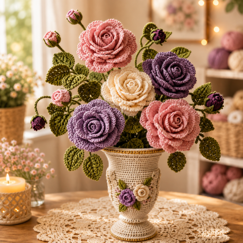 Vintage Rose Crochet Vase Bouquet Pattern (PDF)