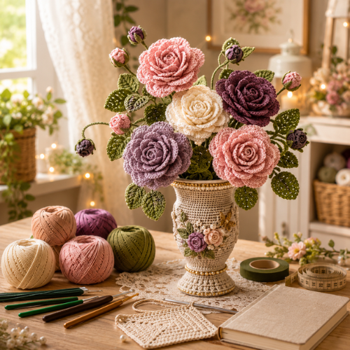 Vintage Rose Crochet Vase Bouquet Pattern (PDF)